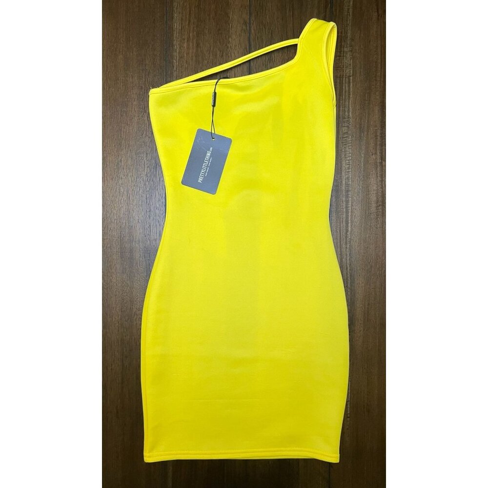 NWT Pretty Little Thing Yellow Size 0 Midi Hourglass Asymmetric Dress 1-Shoulder